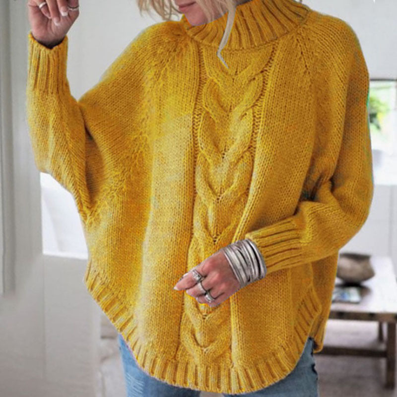 Damen Oversize Strickpullover Rollkragen Zopfmuster