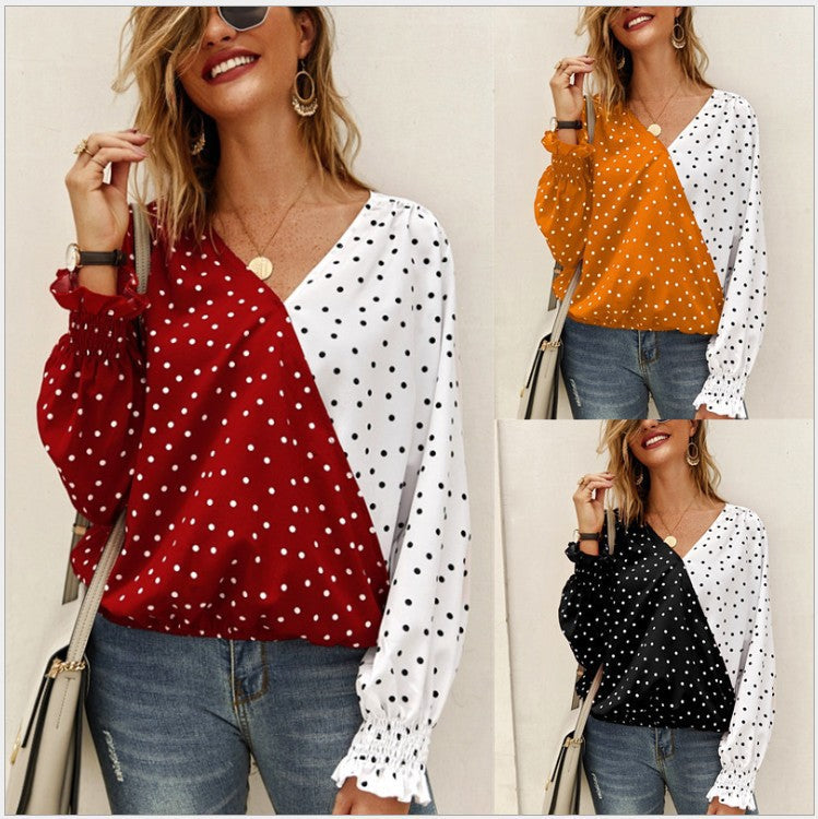 Damen Bluse Asymmetrisch Punkte Elastisch Weiß - Norvielle