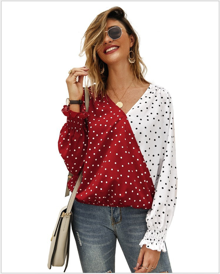 Damen Bluse Asymmetrisch Punkte Elastisch Weiß