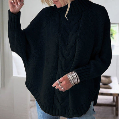 Damen Oversize Strickpullover Rollkragen Zopfmuster