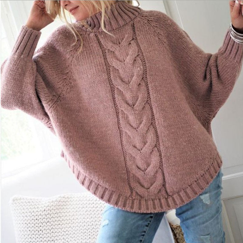 Damen Oversize Strickpullover Rollkragen Zopfmuster