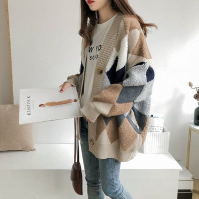 Damen Grobstrickjacke Rautenmuster Komfortschnitt Norvielle