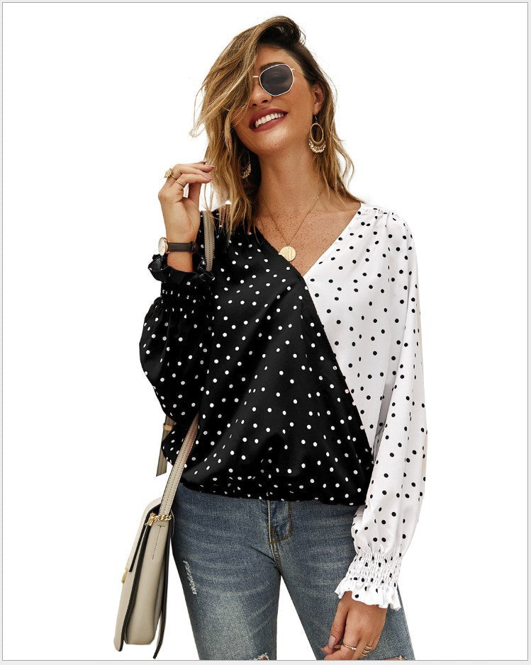 Damen Bluse Asymmetrisch Punkte Elastisch Weiß