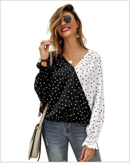 Damen Bluse Asymmetrisch Punkte Elastisch Weiß