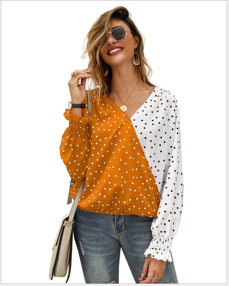 Damen Bluse Asymmetrisch Punkte Elastisch Weiß
