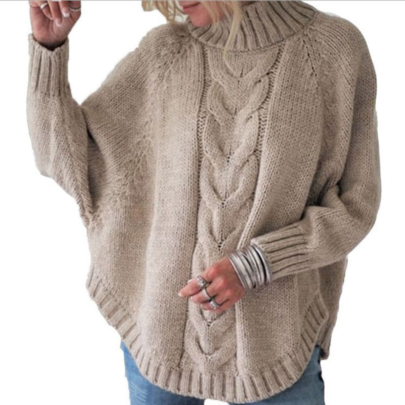 Damen Oversize Strickpullover Rollkragen Zopfmuster