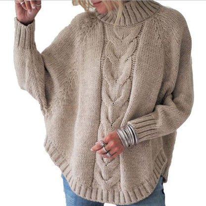 Damen Oversize Strickpullover Rollkragen Zopfmuster