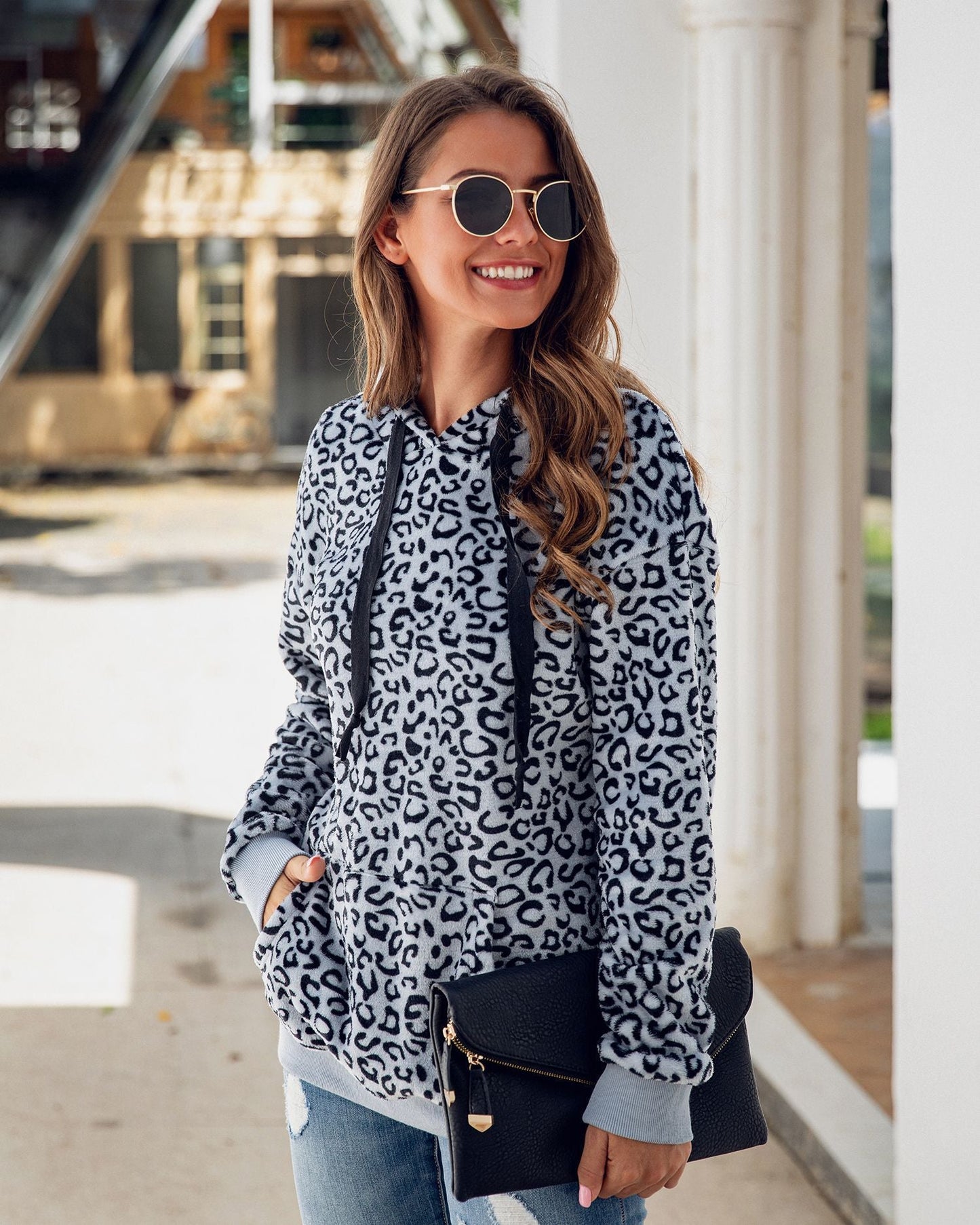 Damen Kapuzenpullover Leopardenmuster