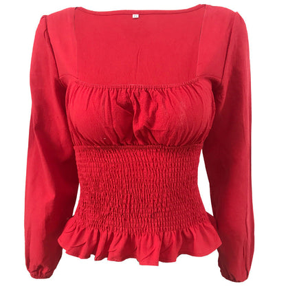 Damen Bluse Elastisch Rüschensaum Lange Ärmel Norvielle