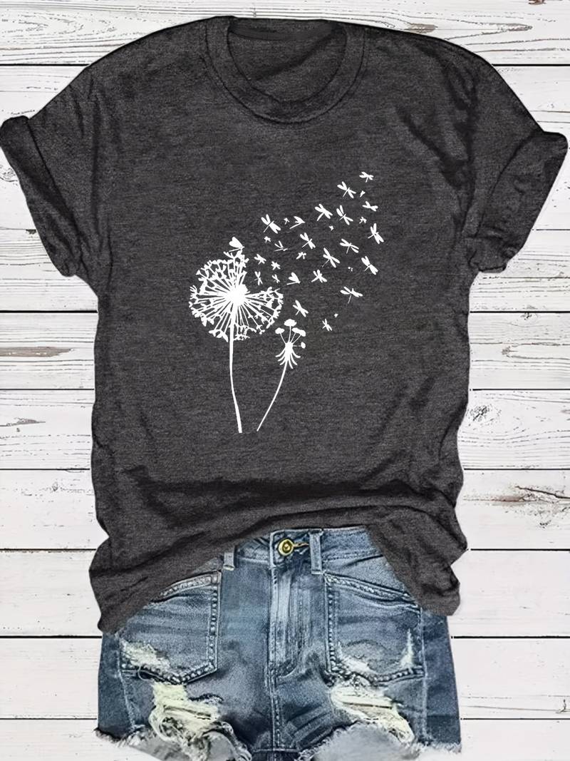 Norvielle Damen T-Shirt Löwenzahn-Print Rundhals Weiss