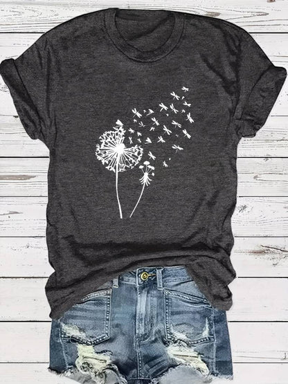 Norvielle Damen T-Shirt Löwenzahn-Print Rundhals Weiss