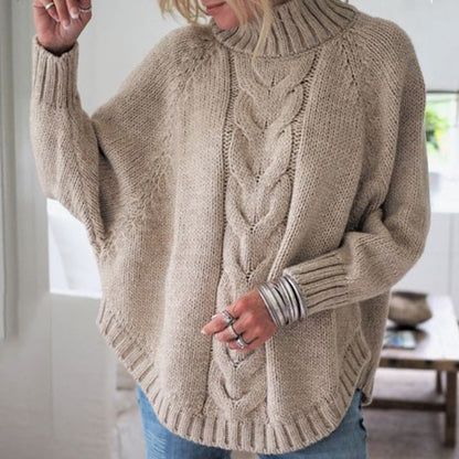 Damen Grobstrickpullover Rollkragen Zopfmuster Beige