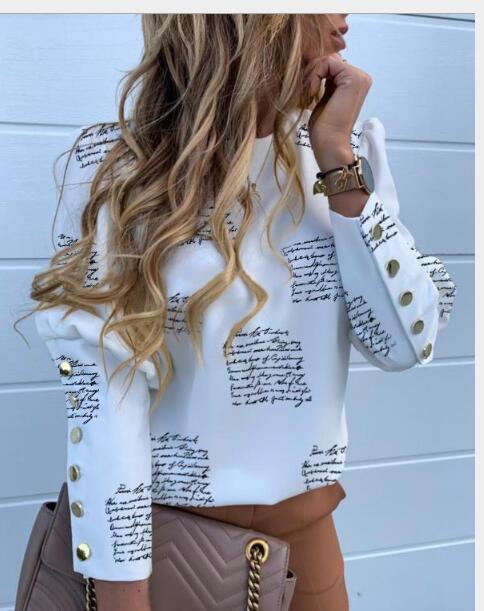 Damen Langarmshirt Elegant Schriftzug Dekorative Knöpfe Norvielle