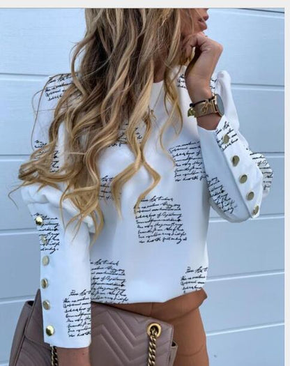 Damen Langarmshirt Elegant Schriftzug Dekorative Knöpfe Norvielle