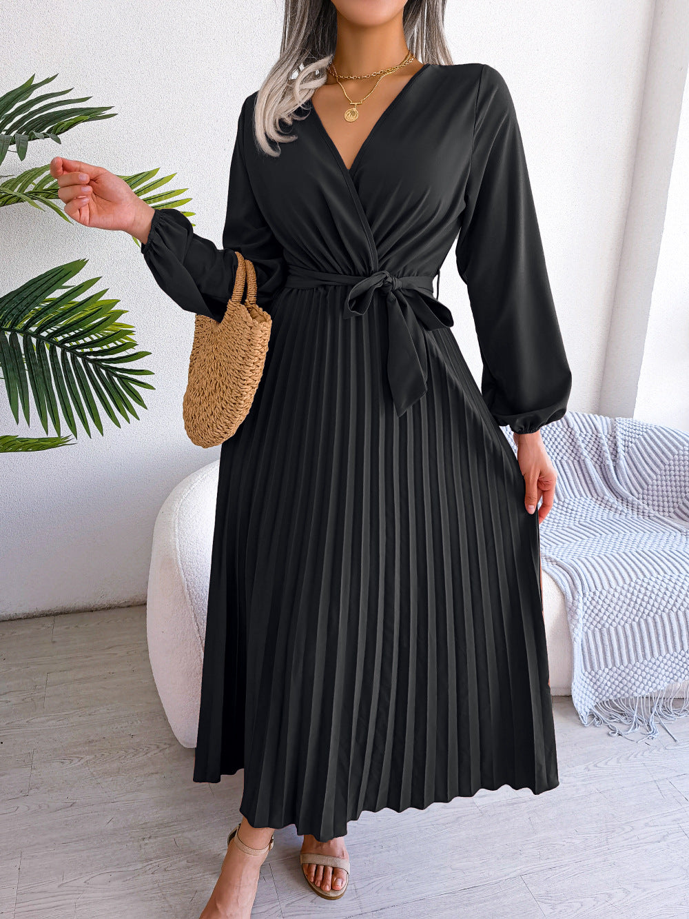 Damen Maxikleid Elegantes Faltenkleid mit Taillengürtel
