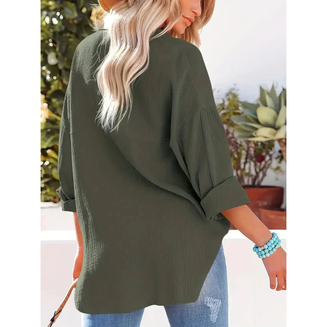 Damen Unifarben Bluse Knopfleiste Hemdkragen Langarm Elegante Bluse