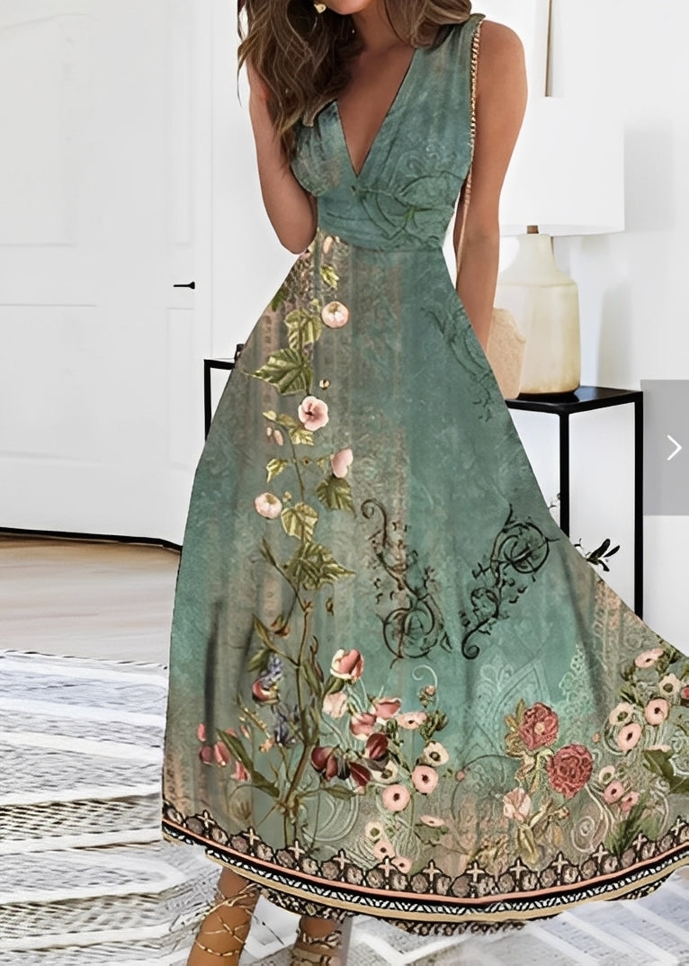 Damen Maxikleid Floralmuster Elegantes Seidenkleid Blumenmuster