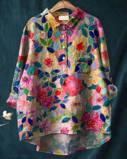 Damen Bluse Floral-Muster Knöpfe
