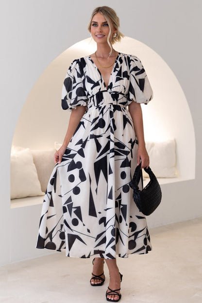 Norvielle Damen Maxi-Kleid Puffärmel Print