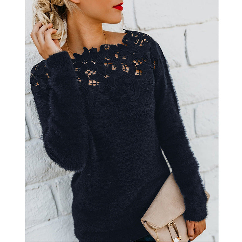 Damen Pullover Rundhals Spitzenbesatz