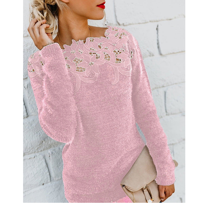 Damen Pullover Rundhals Spitzenbesatz