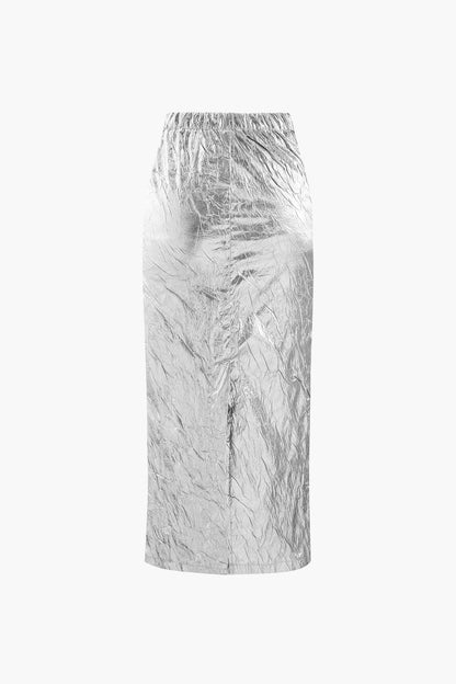 Glänzender Metallic Midirock Damen Crinkle Effekt Elastisch