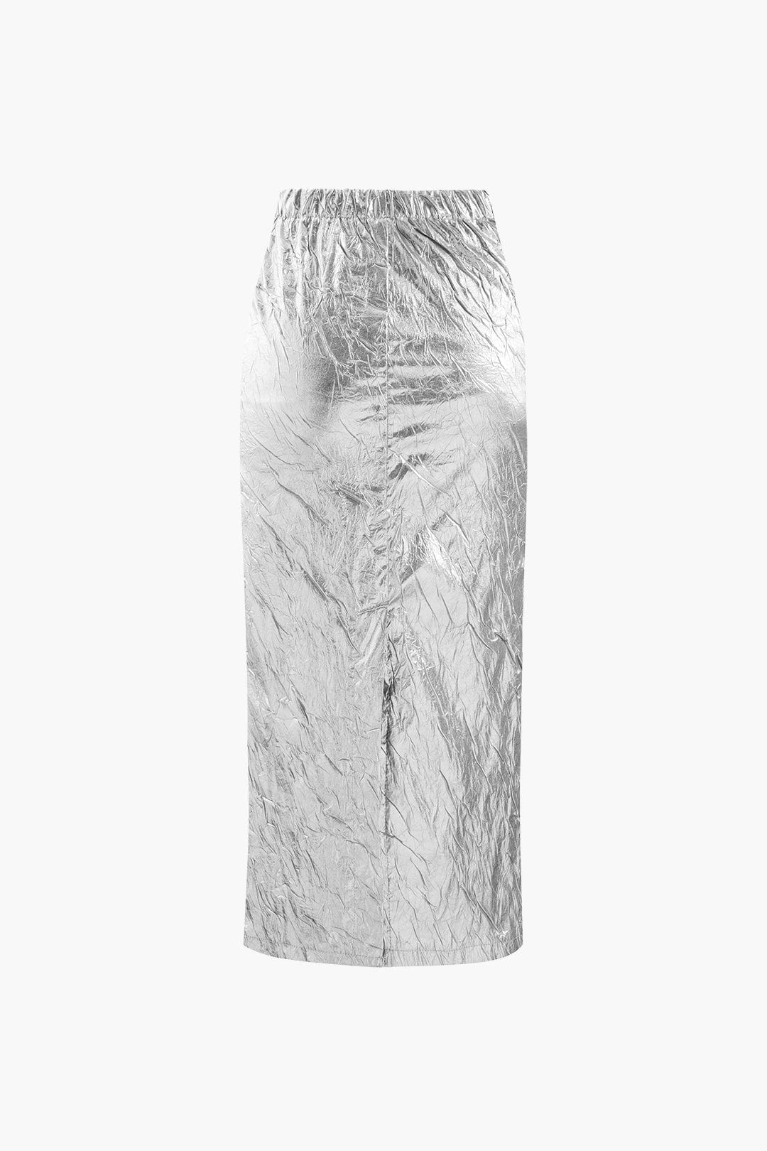 Damen Midirock Metallic Crinkle Effekt Elastischer Bund