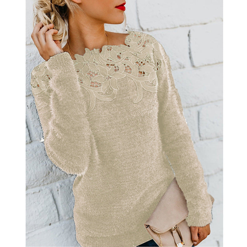 Damen Pullover Rundhals Spitzenbesatz