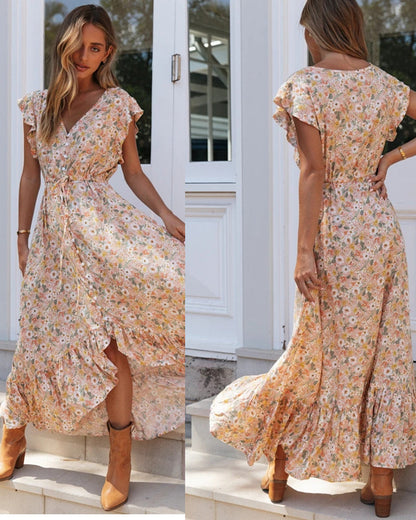 Damen Maxi-Kleid Voluminöse Rüschen Florales Design - Norvielle