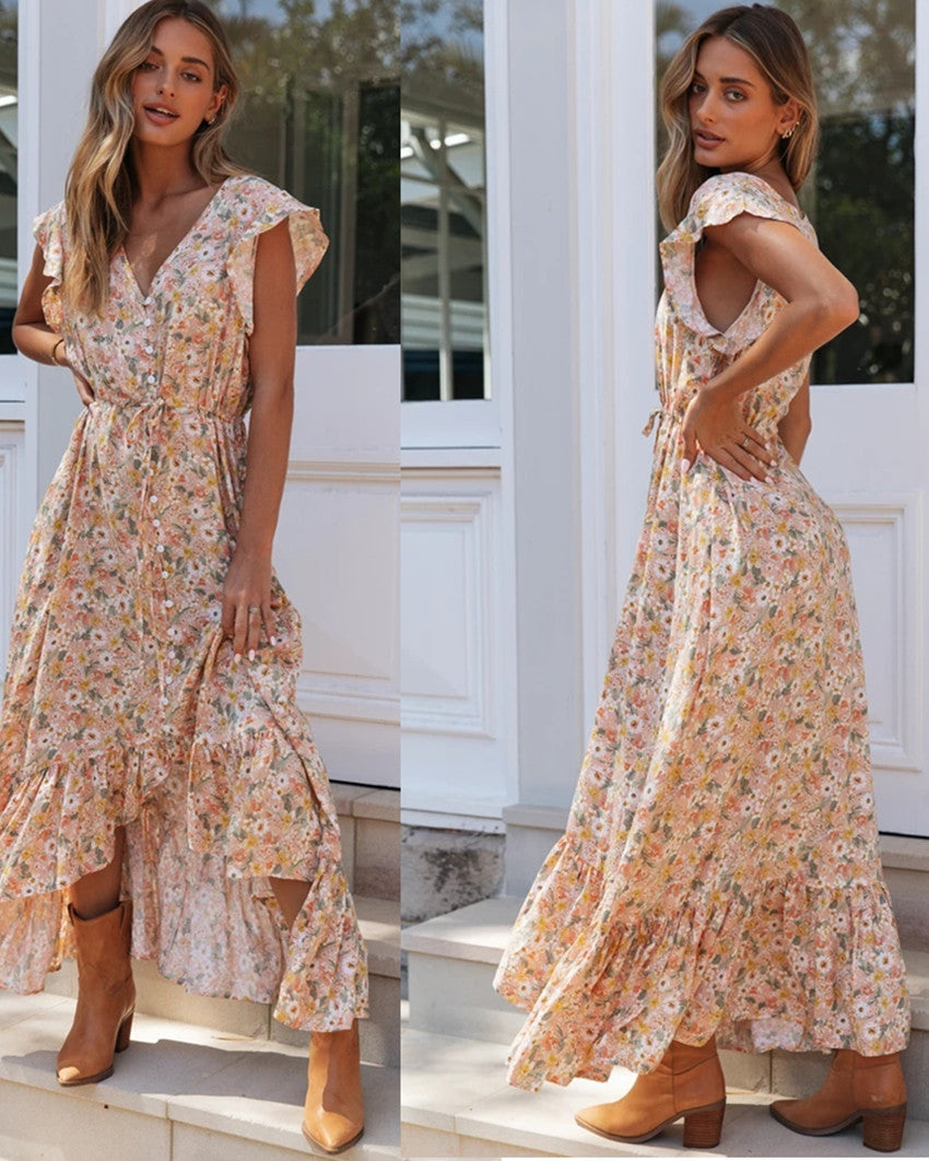 Damen Maxi-Kleid Voluminöse Rüschen Florales Design