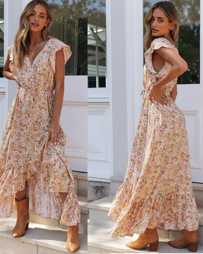 Damen Maxi-Kleid Voluminöse Rüschen Florales Design