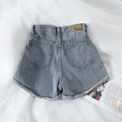 Damen High-Waist Denim-Shorts Elastisch Umschlagbarer Saum