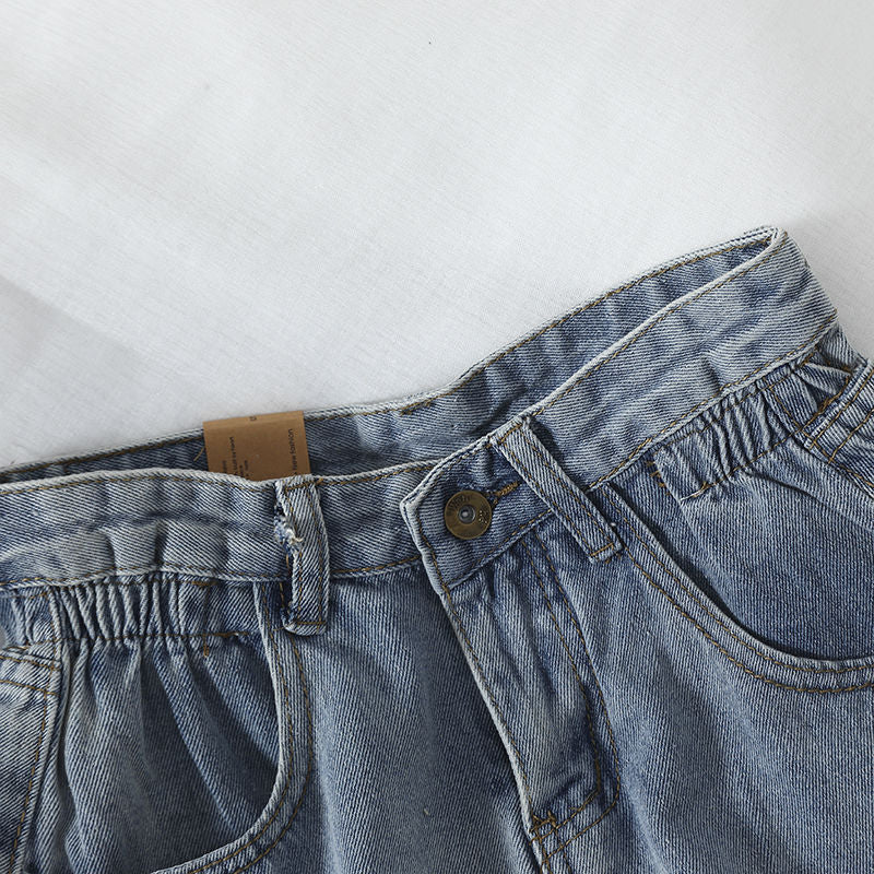 Damen High-Waist Denim-Shorts Elastisch Umschlagbarer Saum