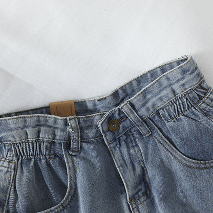 Damen High-Waist Denim-Shorts Elastisch Umschlagbarer Saum