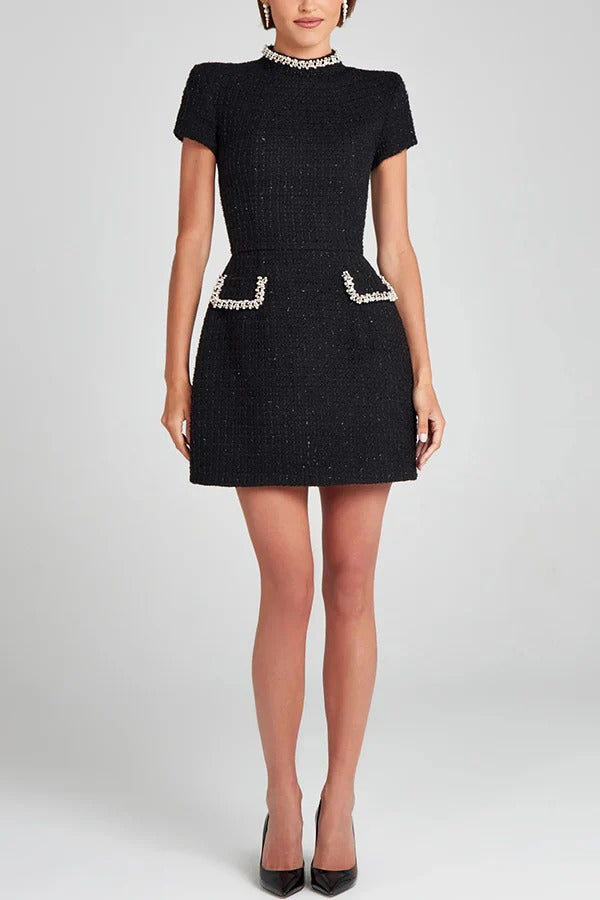 Tweed Mini Kleid Damen Kurzarm Perlenbesatz Eingrifftaschen