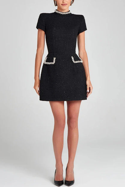 Tweed Mini Kleid Damen Kurzarm Perlenbesatz Eingrifftaschen