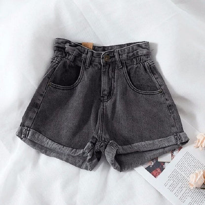 Damen High-Waist Denim-Shorts Elastisch Umschlagbarer Saum