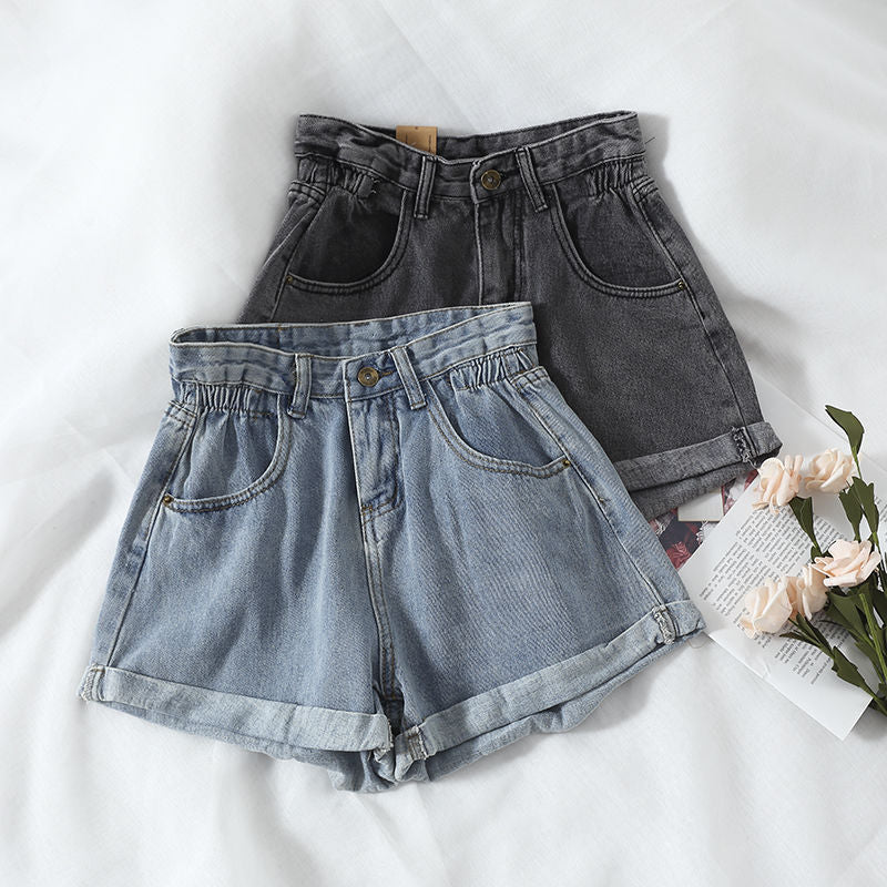 Damen High-Waist Denim-Shorts Elastisch Umschlagbarer Saum Blau - Norvielle