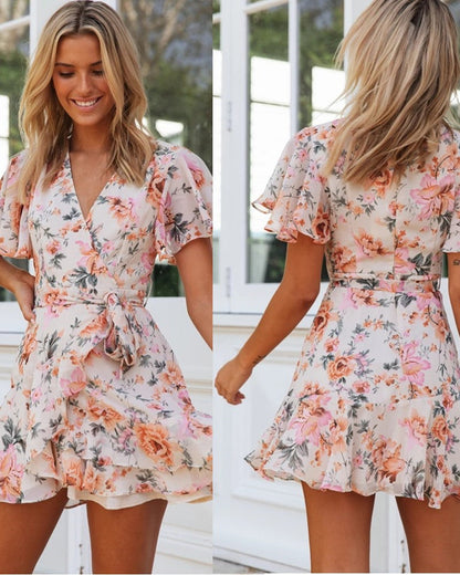 Damen Wickelkleid Florale Rüschendetails Bindeband - Norvielle