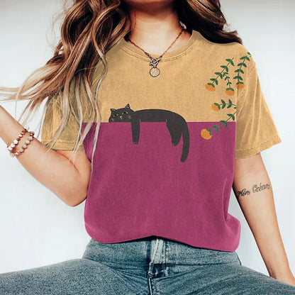 Damen Kreatives T-Shirt mit Katzen-Motiv Schwarz Baumwolle - Norvielle