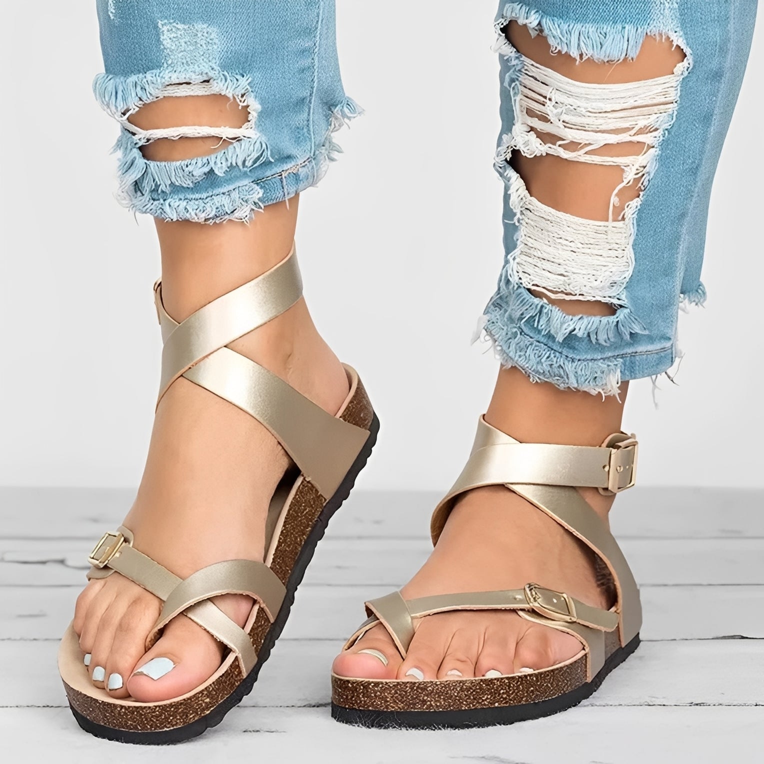 Damen Römische Sandalen Flach Lyvia Leder Braun - Norvielle