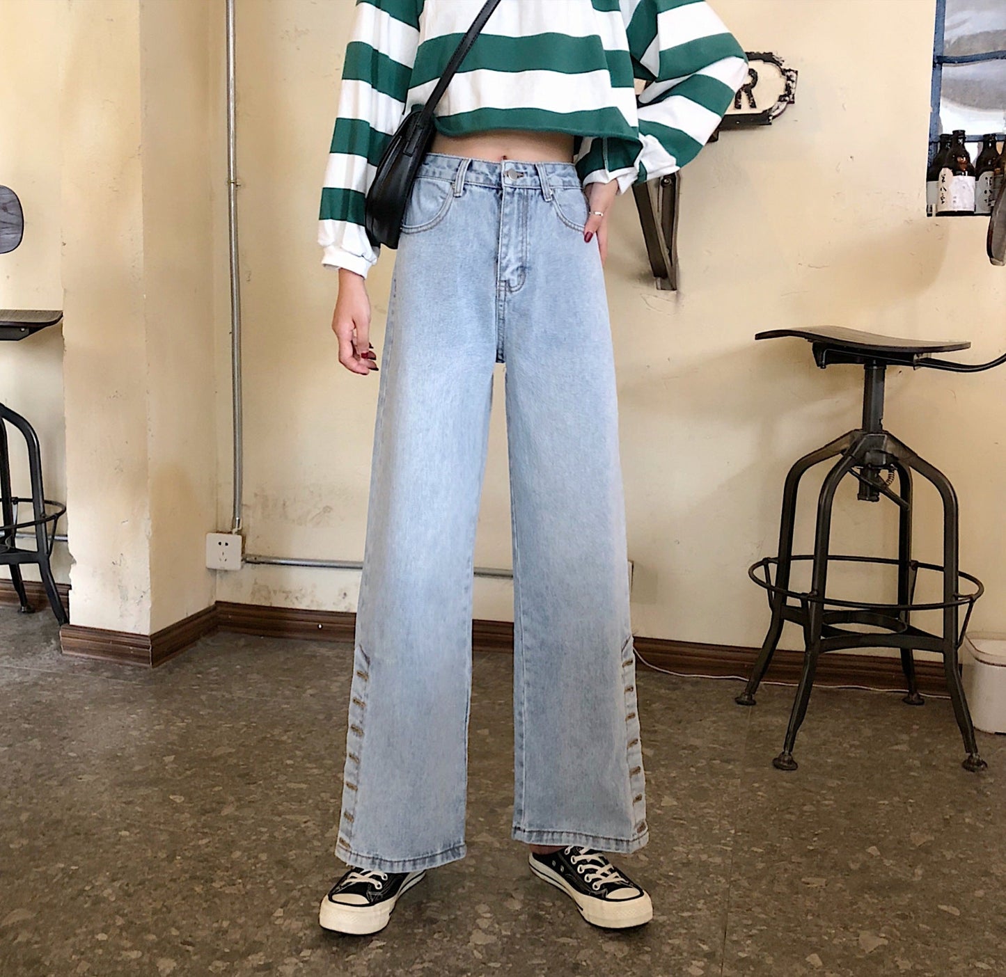Damen Weite Jeans Dekorative Knöpfe
