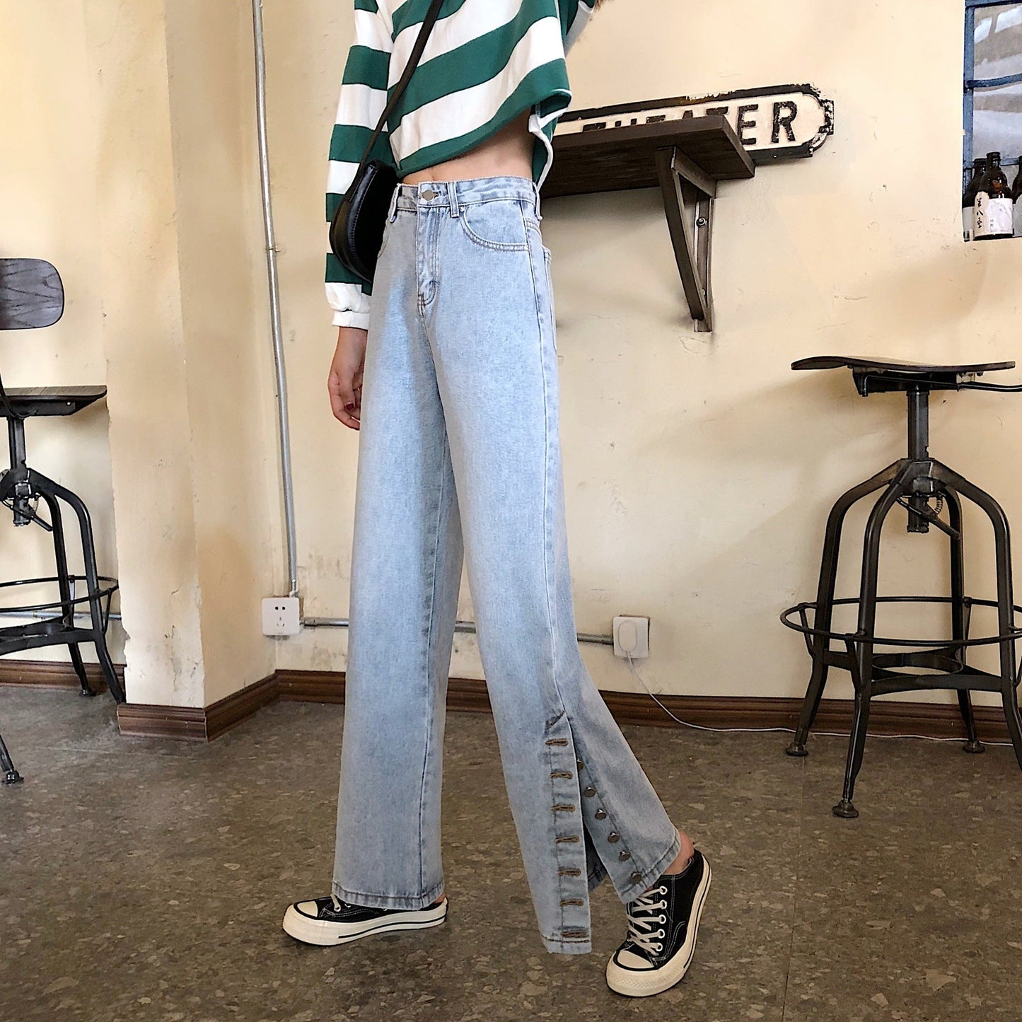 Damen Weite Jeans Dekorative Knöpfe