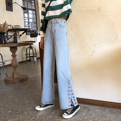 Damen Weite Jeans Dekorative Knöpfe Blau - Norvielle