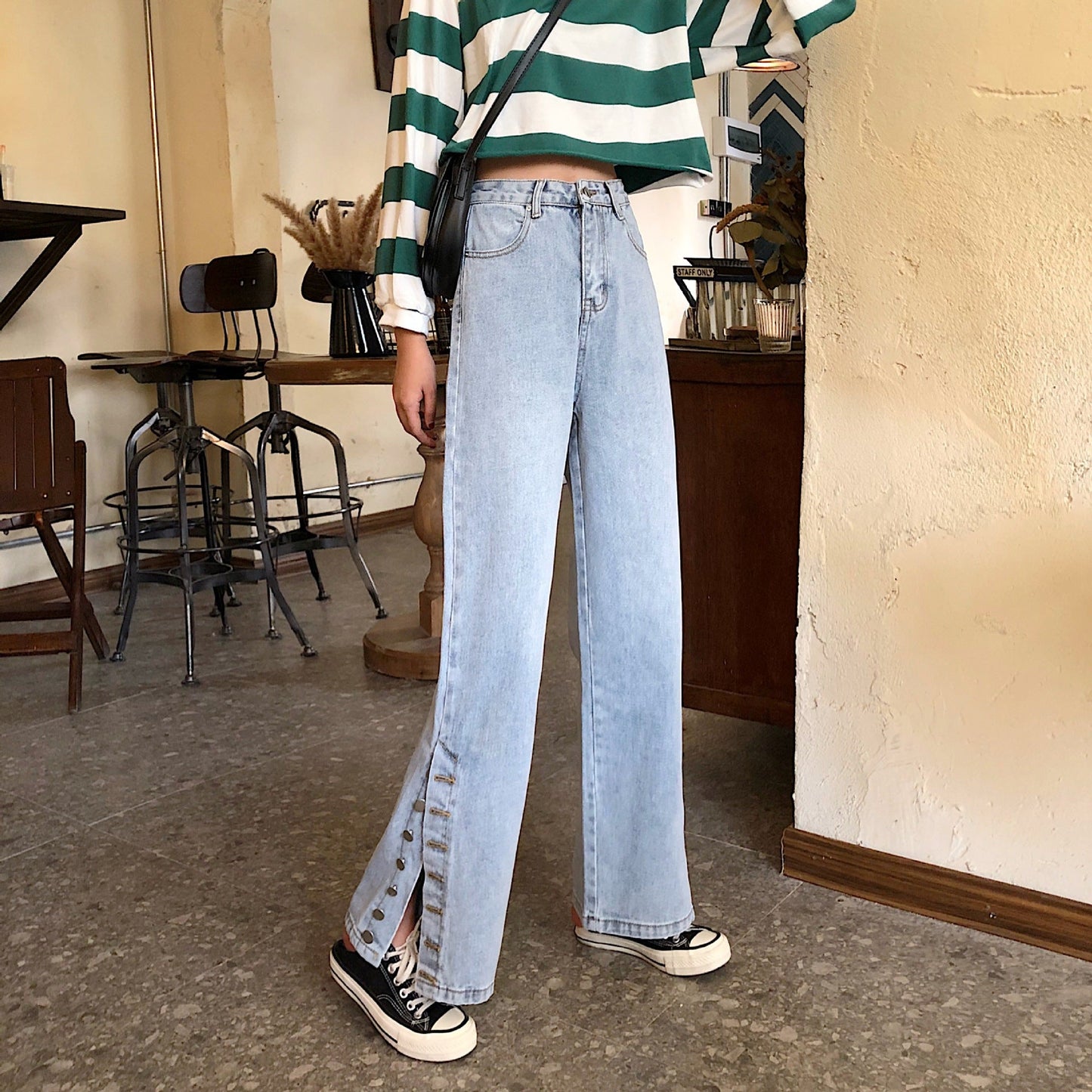 Damen Weite Jeans Dekorative Knöpfe