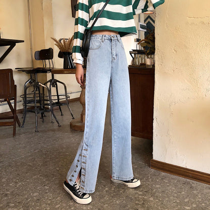 Damen Weite Jeans Dekorative Knöpfe