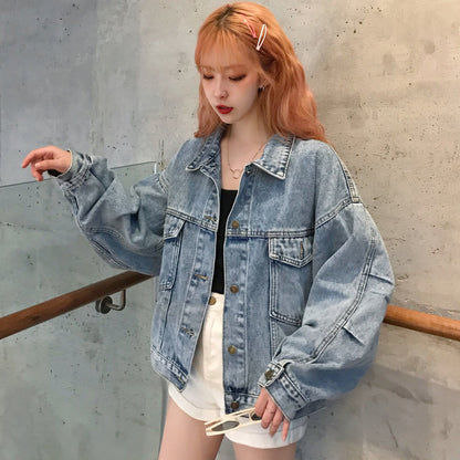 Damen Oversized Denimjacke mit Taschen Blau - Norvielle