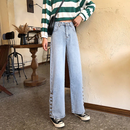 Damen Weite Jeans Dekorative Knöpfe