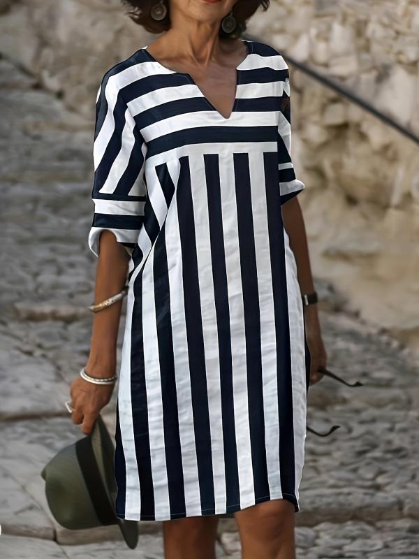 Damen Gestreiftes Freizeitkleid V-Ausschnitt Halbarm - Norvielle
