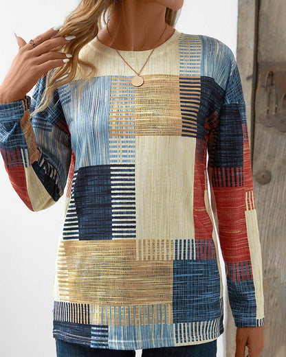Damen Langarmshirt Multicolor Rundhals Baumwolle